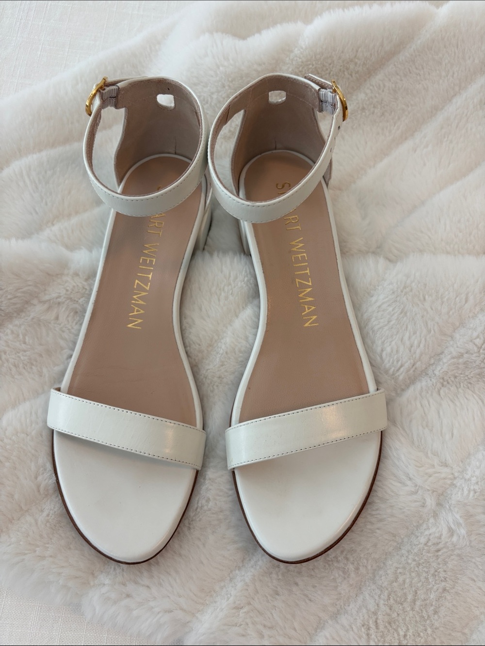 Stuart Weitzman Nudist Block White Leather Ankle-Strap Sandals